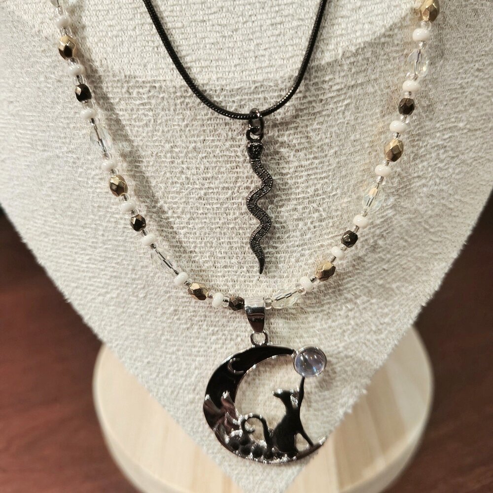 New Black Snake Cat Moon Pendant Necklace Spooky Halloween